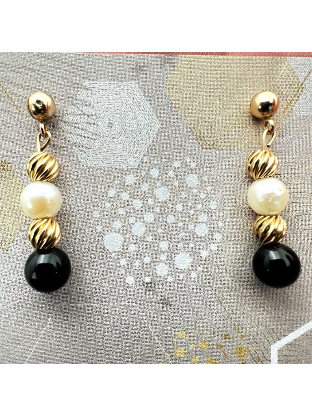 Womens Earrings 14K Yellow Gold Black Onyx White Pearl Pierced Gift Idea for Her